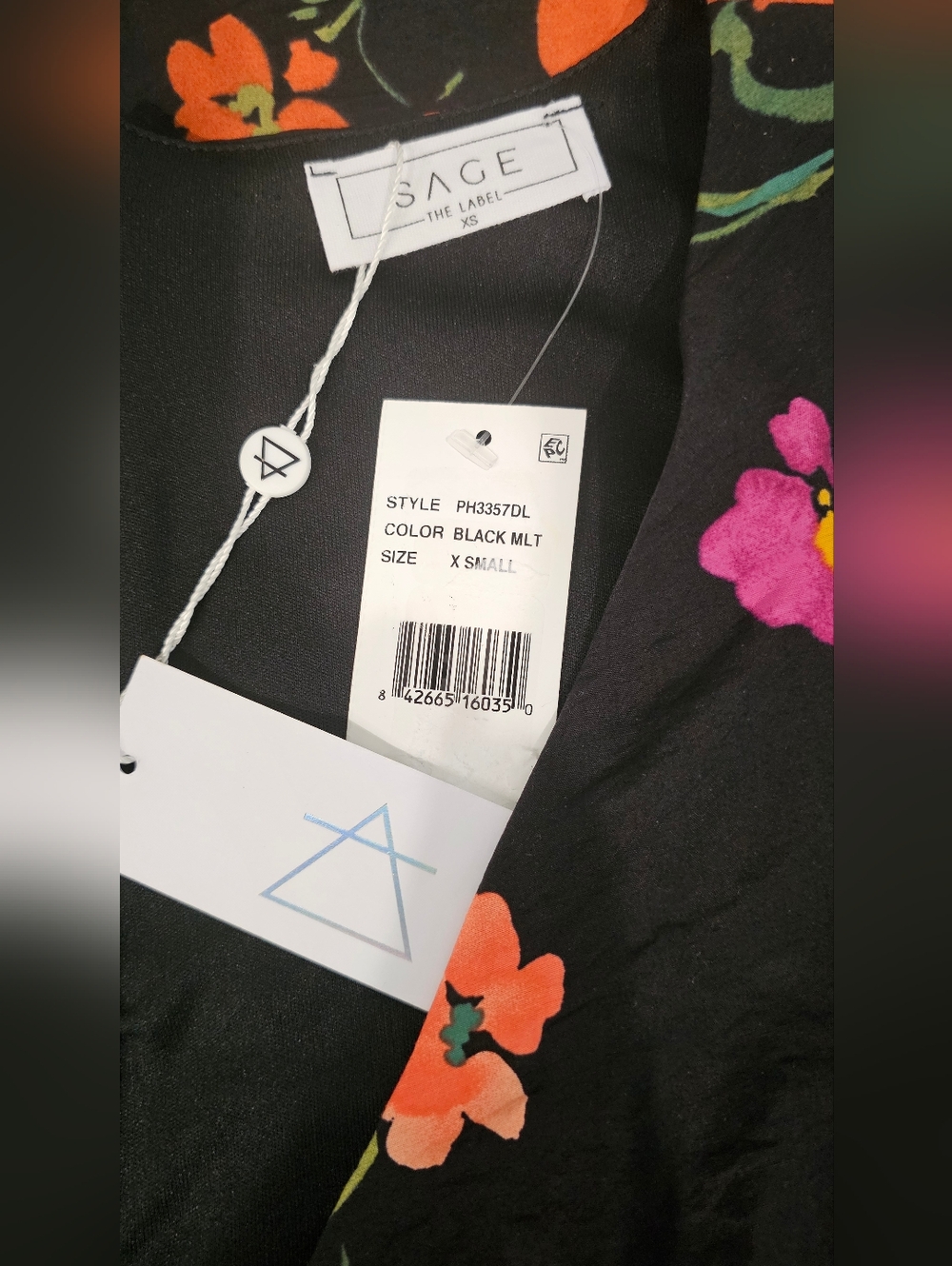 Sage Black Floral Tie-Waist Mini Dress with Pink/Orange/Yellow Blooms Women's XS - Picture 3 of 6